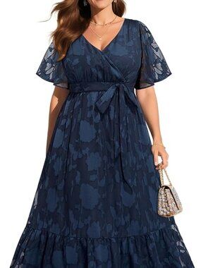 Navy Blue Floral Flutter Sleeve Plus 22 Wrap V Neck Maxi Dress